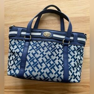 Tommy Hilfiger Navy Blue Monogram Mini Tote Satchel Bag Gold Hardware